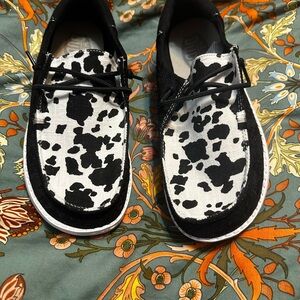 Hey Dude Black and White Cow Print Sneakers